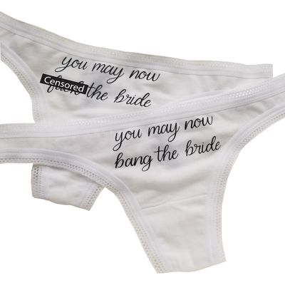 You May Now Bang F*ck the Bride Thong, Bridal and Honeymoon Lingerie, Funny Wedding Day Underwear (XS, Bang - Thong, White)