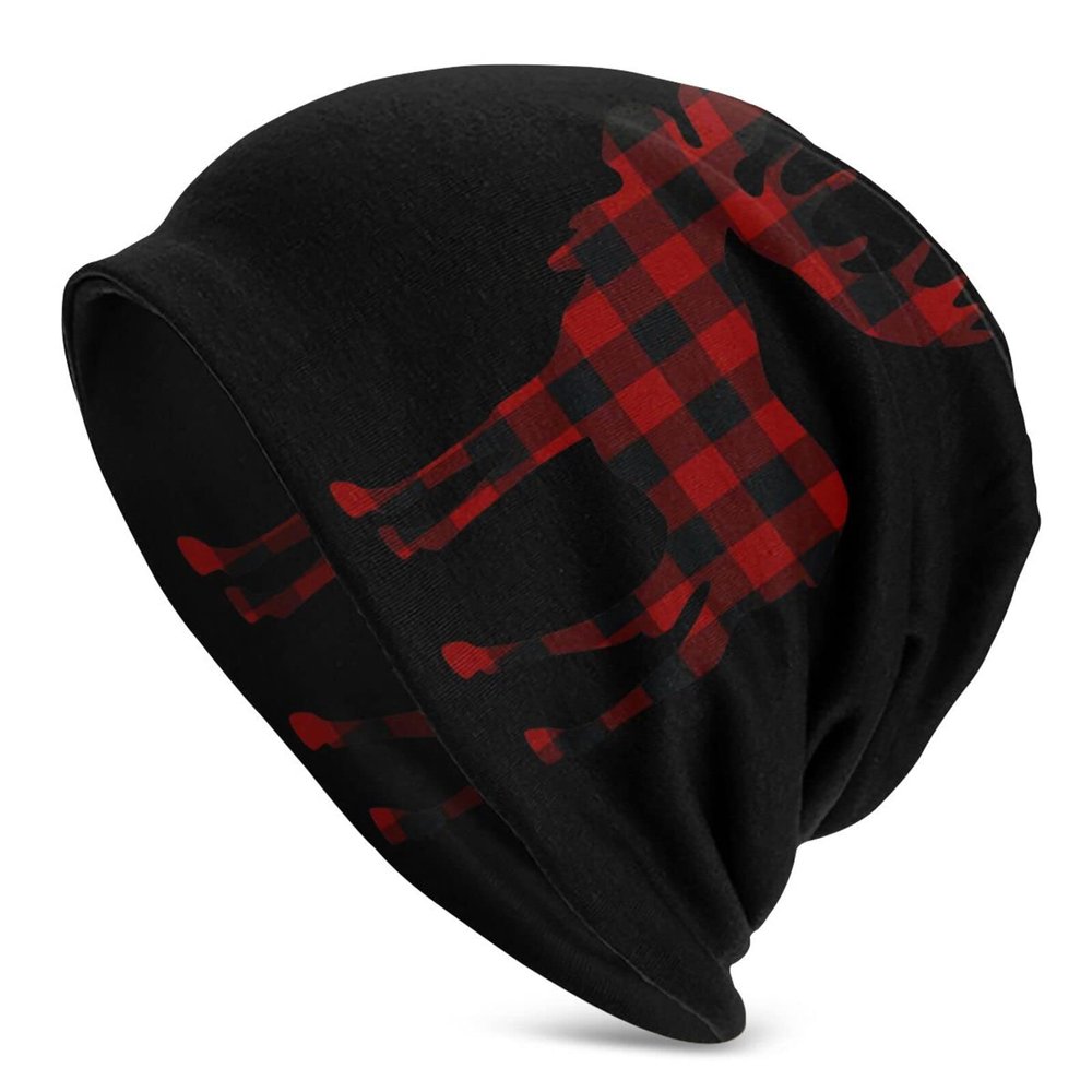 Buffalo Check Plaid Christmas Moose Deer Beanie Hat for Men/Women Slouchy Beanie Ski Skull Cap Winter Thin Stretch Acrylic Knit Hat Black