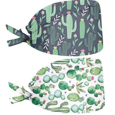 Babrukda 2 Pack Women Men Scrub Caps with Sweatband Adjustable Strap Back Turban Hats Headwear One Size Head Hair Cover for Athletic Camping Hiking, Tropical Cactus Working Cap