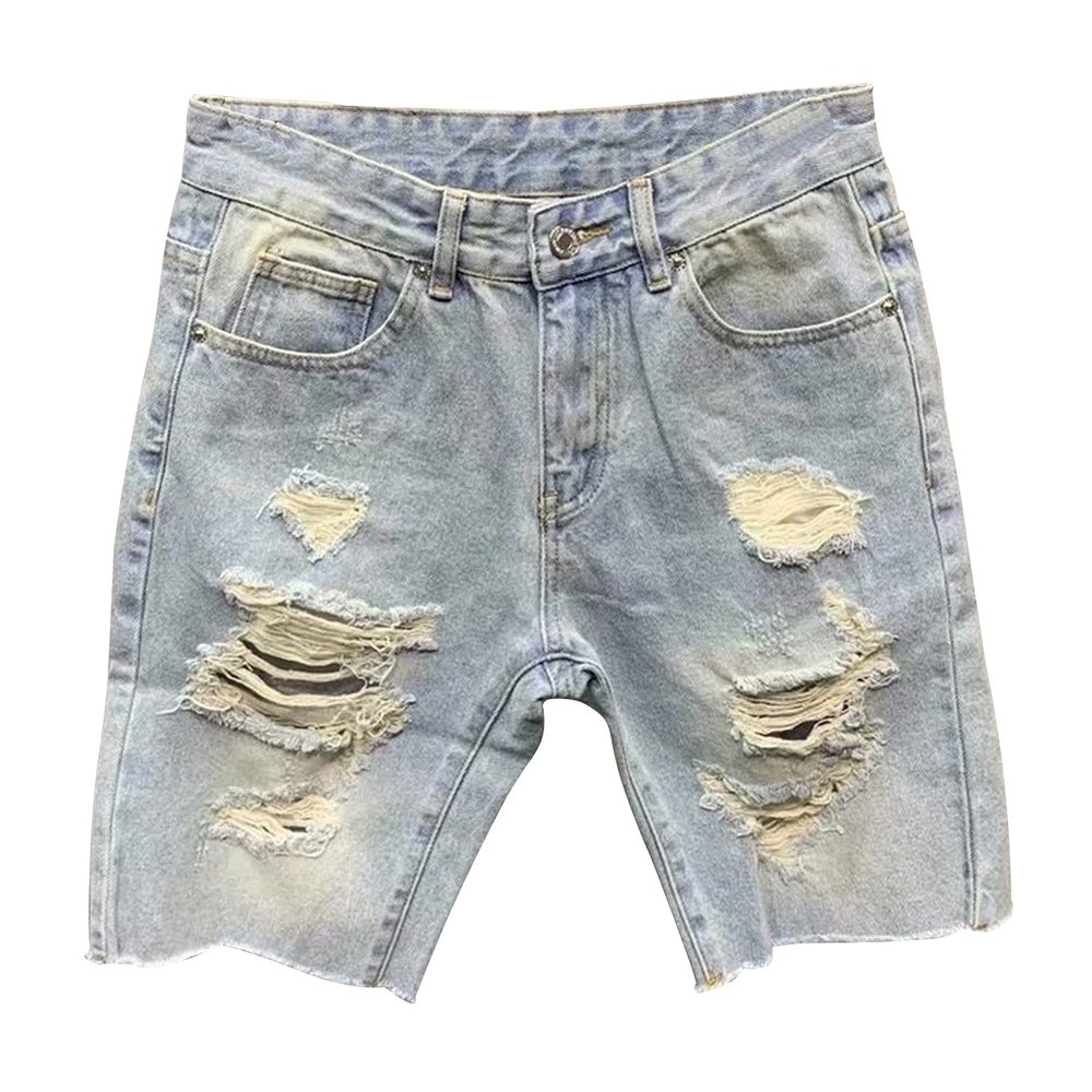 Kaxiya2021 Men's Fashion Ripped Short Jeans Frayed Cut Off Slim Fit Denim Shorts Casual Straight Breathable Jean Short-Pant (33,Light Blue)