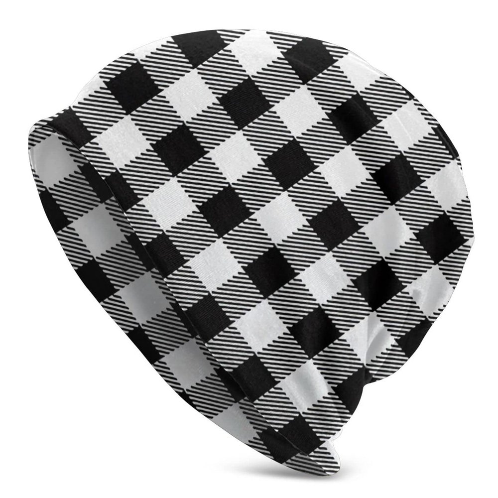 Buffalo Plaid Black and White Check Beanie Hat for Men/Women Slouchy Beanie Ski Skull Cap Winter Thin Stretch Acrylic Knit Hat