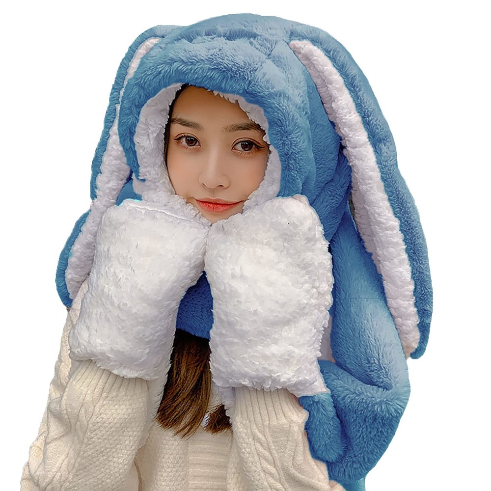 Women Girls Cute Panda Animal Winter Hats 3 in 1 Warm Plush Hoodie Cap Paw Gloves Mitten Scarf Set (Rabbit Ear, Blue)