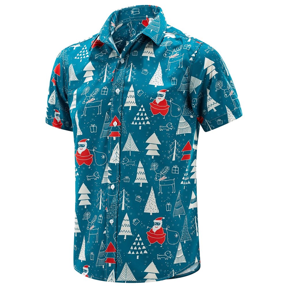 J&DHUASHA Christmas Hawaiian Shirt for Men Short Sleeve Button Down Santa Vacation Dress Shirts (Christmas Blue, XL)
