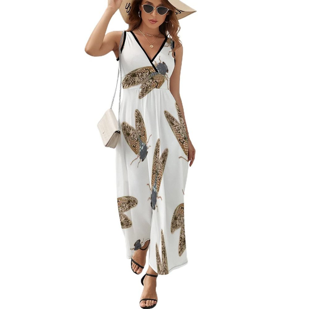 BAIKUTOUAN Summer Cicada Women Sleeveless Maxi Dress Long Loose Funny
