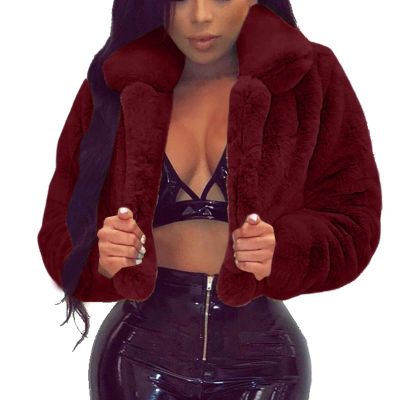 Women's Winter Faux Fur Long Sleeve Outerwear Crop Jacket Shaggy Fleece Teddy Coats Open Front Warm Short Cardigans