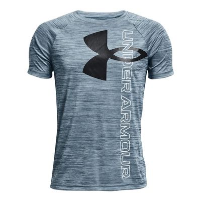 Under Armour Boys Tech Split Logo Hybrid Short-Sleeve T-Shirt, (437) Petrol Blue / / Black, Youth X-Small