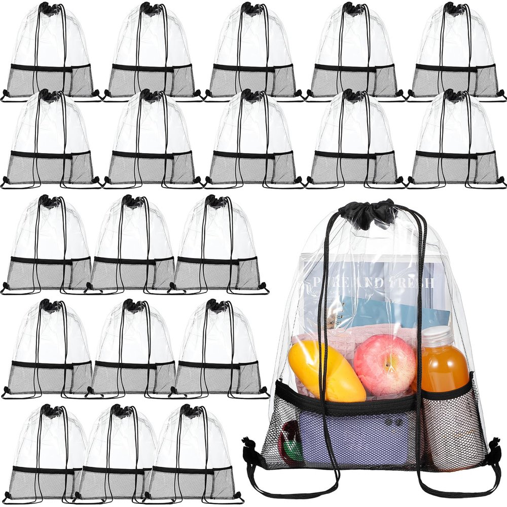 Riakrum 20 Pack Clear Drawstring Bags Bulk Stadium Approved Clear Drawstring Backpack for Sport Events Concerts Travel Beach