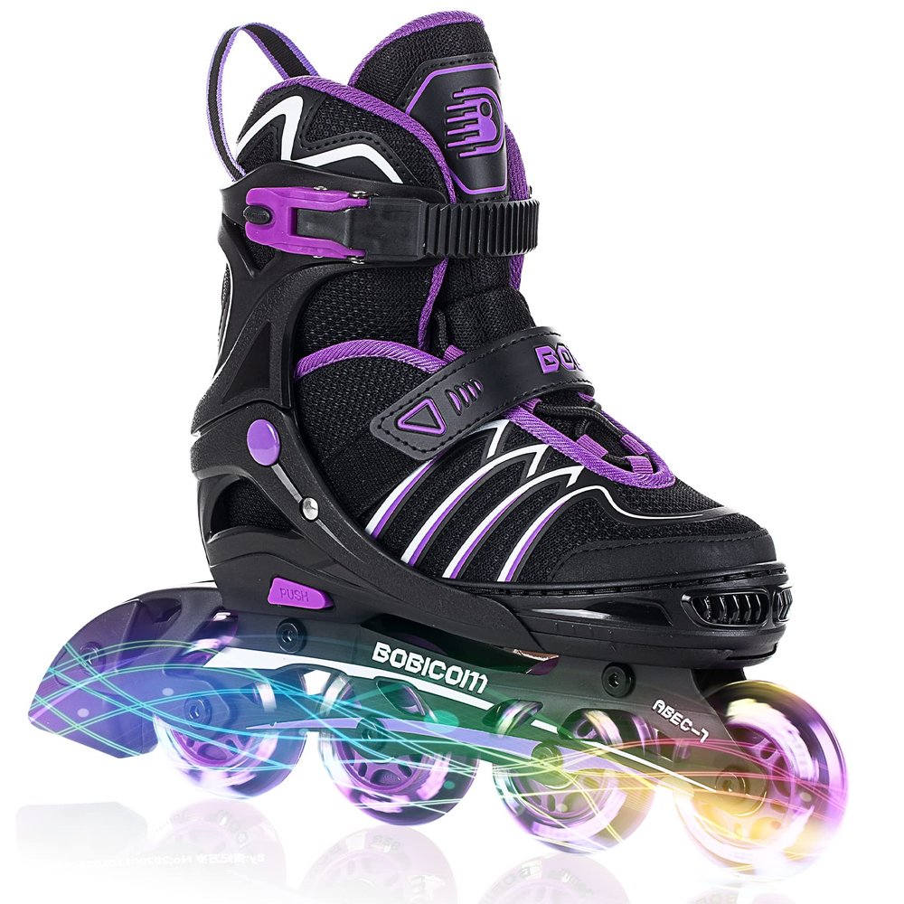 BOBICOM Adjustable Inline Skates with Full Light Up Wheels,Outdoor Illuminating Roller Skates for Kids and Adults, Girls and Boys, Men and Women, Purple XL