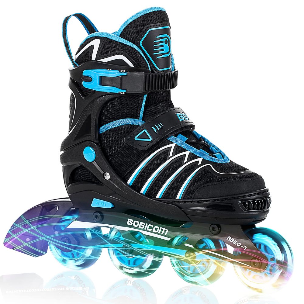 BOBICOM Adjustable Inline Skates with Full Light Up Wheels,Outdoor Illuminating Roller Skates for Kids and Adults, Girls and Boys, Men and Women, Blue L