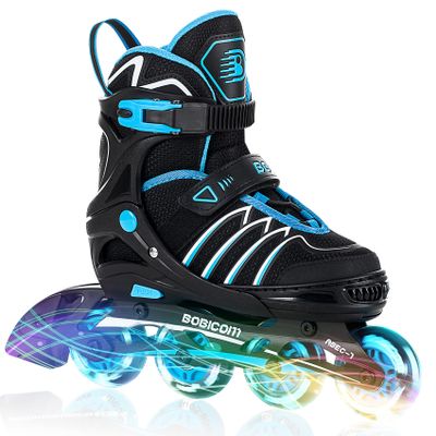 BOBICOM Adjustable Inline Skates with Full Light Up Wheels,Outdoor Illuminating Roller Skates for Kids and Adults, Girls and Boys, Men and Women, Blue XL