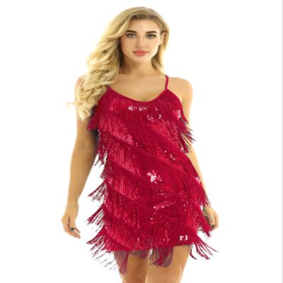 Yihuimin Women's Sequins Tassel Latin Dance Dress 1920s Ballroom Samba Rumba Salsa High Low Dresses Red One Size