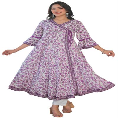 Yash Gallery Women's Rayon Floral Print Angrakha Kurta (White)