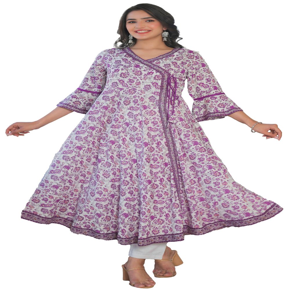 Yash Gallery Women's Rayon Floral Print Angrakha Kurta (White)