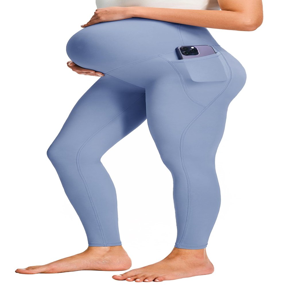 JOYSPELS Smooth Feeling Maternity Leggings Over The Belly with Pockets Workout Pregnancy Leggings Light Blue