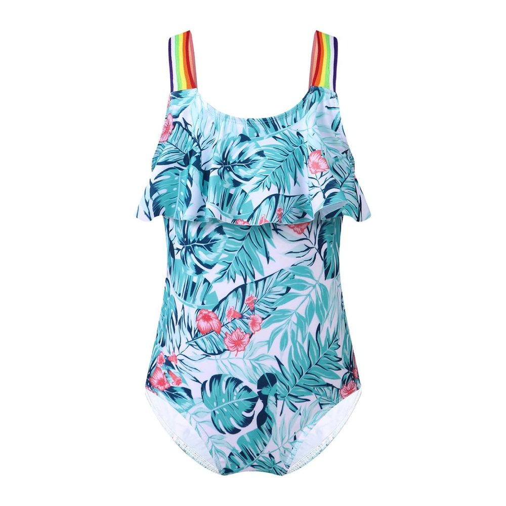 YONGHS Kids Girls Cute Swimsuit Floral Bikini Romper Strapped Ruffle Swimwear One Piece Bathing Suit Green Palm Leaf 4 Years
