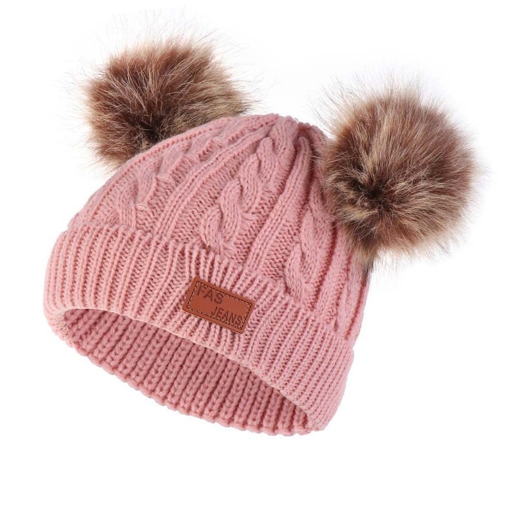 Kids Girls Winter Hat Wool Knitted Beanie with Double Pom Pom Cap Ski Snowboard Hats Bobble Pom-pom Beanie (Dark Pink(Brown Ball),one Size)
