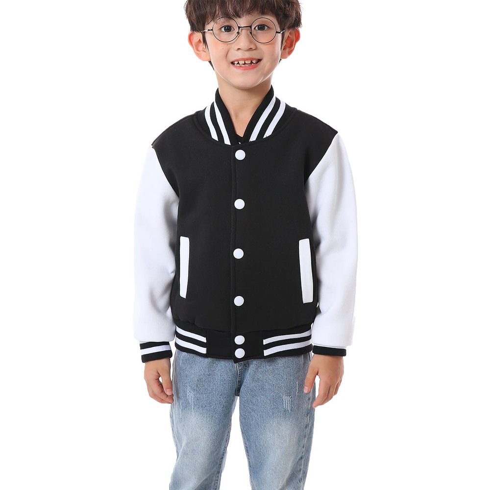 BAICAIYU Kids Varsity Baseball Jackets Boys Girls Fit Varsity Jacket Warm Combed Cotton Fleece Jackets (Black,8Years,8 Years)