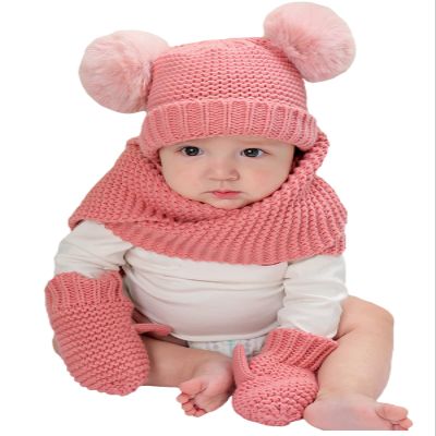 Baby Kids 3 in 1 Winter Hat Scarf Gloves Set Warm Knit Gloves Neckerchief Earmuff Skiing Cap for Girls Boys 0-4 Years
