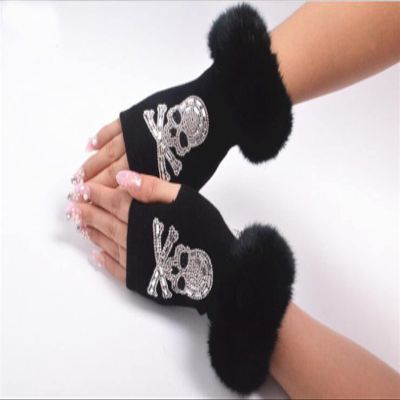 Winter Gloves Women Cartoon Animals Fox Fingerless Dance Gloves Winter Warm Short Plush Diamonds Sequins Skull Fingerless Knitted Gloves for Indoor Outdoor ( Color : Skull , Gloves Size : One Size )