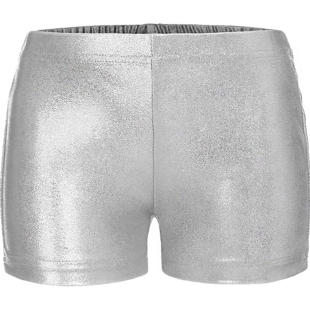 Loyan Big Girls Junior Stretch Shiny Metallic Boy-Cut Shorts for Sparkle Dance Tumbling Athletic Gymnastics Sports Swim Silver 11-12 Years