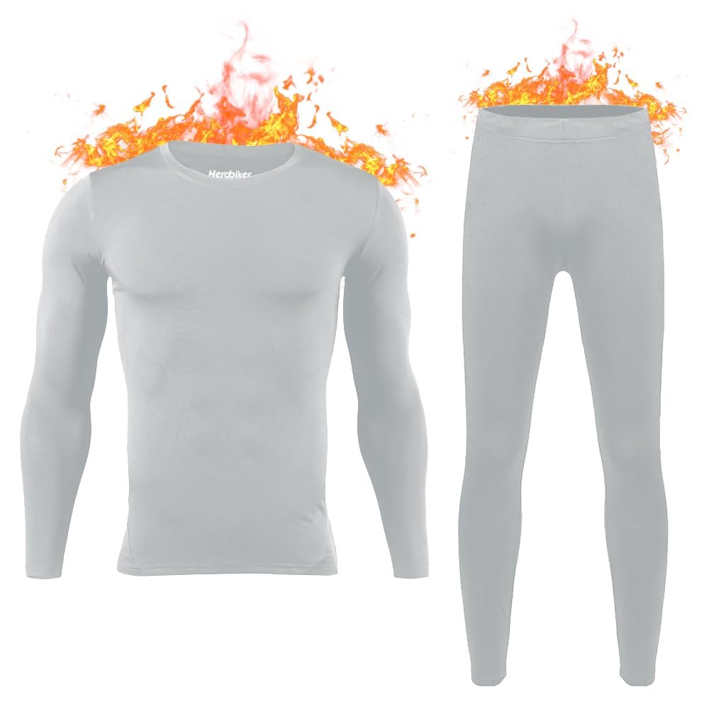 HEROBIKER Mens Thermal Underwear Set Skiing Winter Warm Base Layers Tight Long Johns Top and Bottom Set with Fleece Lined (Grey, Small)