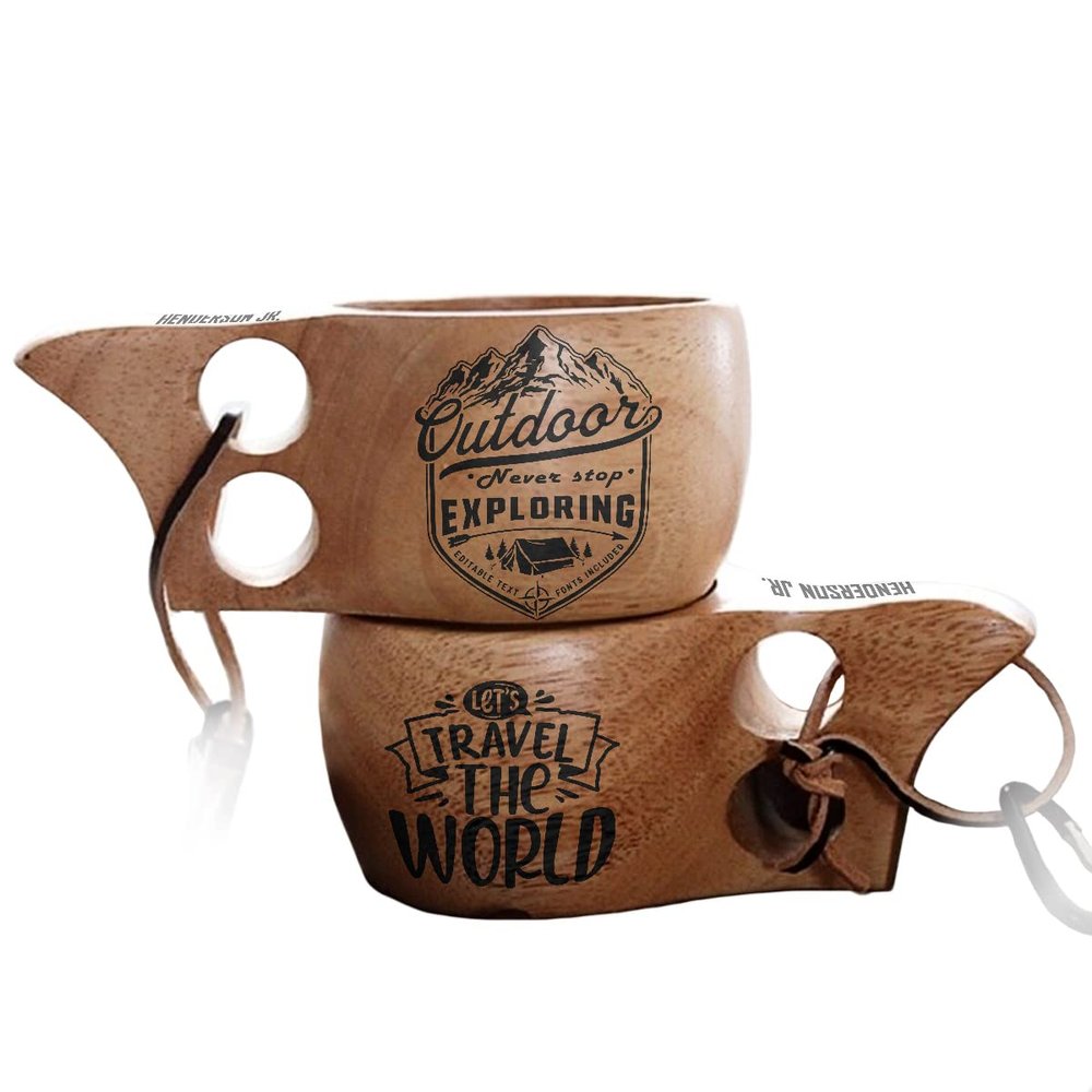 Never Stop Exploring Personalized Portable Kuksa Wood Camp Mug - 100% Natural Wooden Cup with Carabiner, Custom Name Camping Wooden Mug & Bushcraft Cup