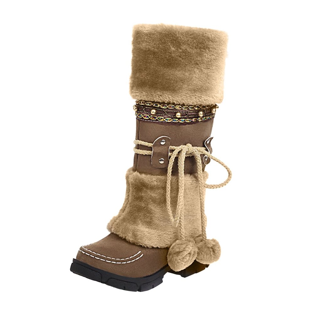oiangi Women Boots Slip-on Snow Boots - Winter Velvet Warm Solid Round Toe chunky heel Platform Mid calf boots Plush Ball Ethnic Riding Boots casual shoes