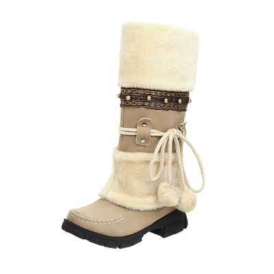 oiangi Women Boots Slip-on Snow Boots - Winter Velvet Warm Solid Round Toe chunky heel Platform Mid calf boots Plush Ball Ethnic Riding Boots casual shoes