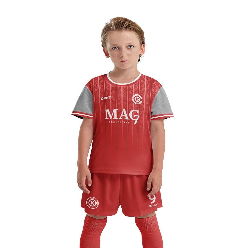 ORKY Boys Soccer Jersey, Custom Made Name Number Shirt for Girls Season Tournament, Quick Dry Kids School Team Uniform(Red 160cm)