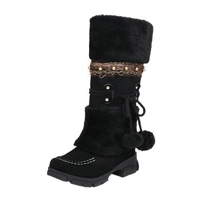 oiangi Women Boots Slip-on Snow Boots - Winter Velvet Warm Solid Round Toe chunky heel Platform Mid calf boots Plush Ball Ethnic Riding Boots casual shoes