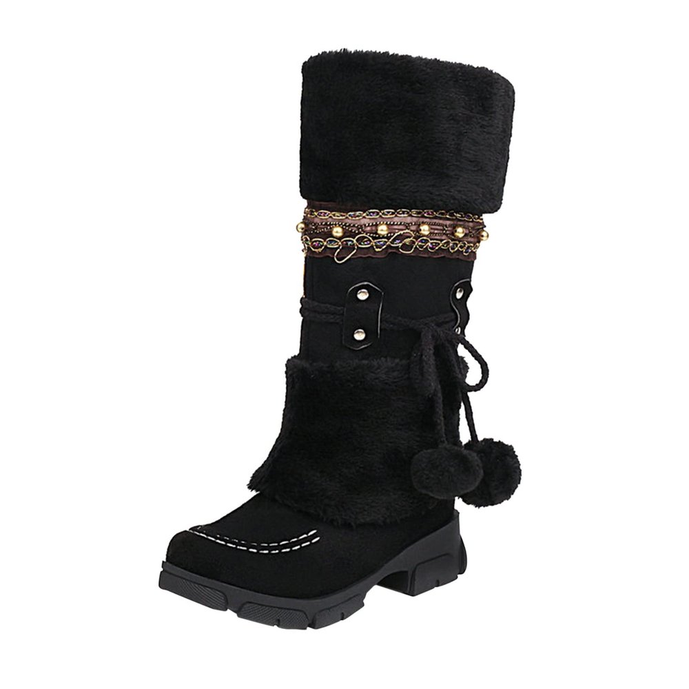 oiangi Women Boots Slip-on Snow Boots - Winter Velvet Warm Solid Round Toe chunky heel Platform Mid calf boots Plush Ball Ethnic Riding Boots casual shoes