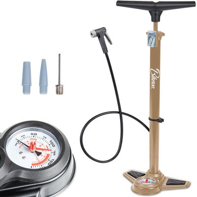 Bikeroo Tan Bike Pump w/Pressure Gauge - Portable Bicycle Tire Inflator & Ball Pump w/Anti-Slip Base - 160 PSI Schrader Presta Valve Compatible