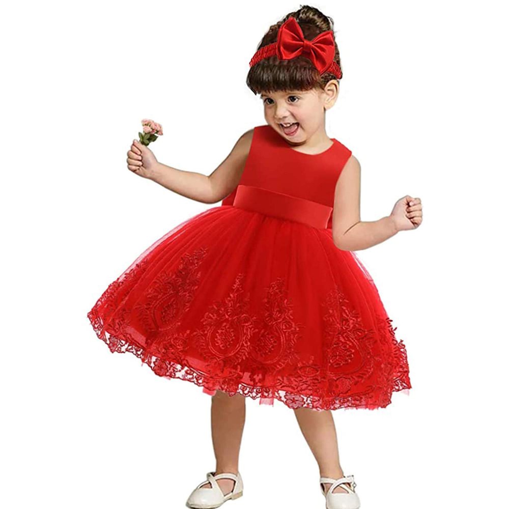 0-6Y Toddler Party Dresses Baby Girl Pageant Lace Dress Toddler Party Bowknot Tutu Gown Dress with Headwear (Red, 3-6 Months)