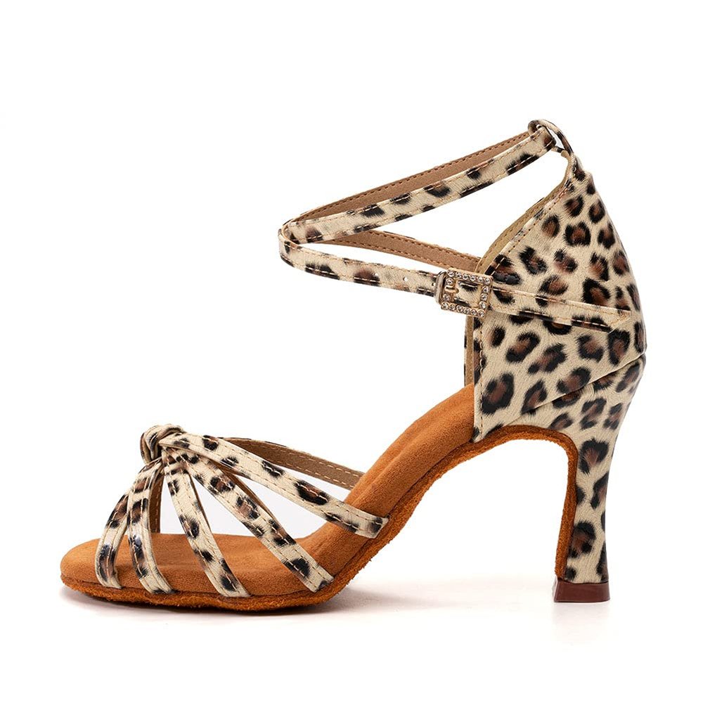 SWDZM Women's Latin Dance Shoes Satin Ballroom Salsa Performence Practice Dance Shoes,Heel-7CM,EM213 Leopard 7.5 US
