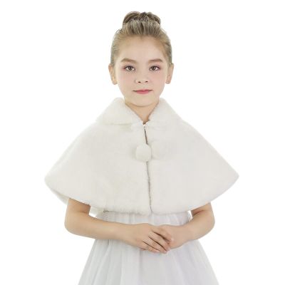 Girls Shawls and Wraps Faux Rabbit Fur Wedding Shoulder Cape Bridesmaid Tippet Stole Party Dress Shawl Costume Christmas Gift (Pom-pom, Ivory, Suggest for girls height 51-59 inch)