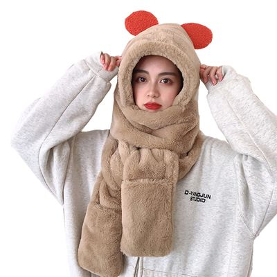Women Girls Lovely Cartoon Bear Hat Scarf Gloves 3-in-1 Set Plush Winter Warm Hoodie Hat with Scarf Pocket Mitts
