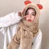 Women Girls Lovely Cartoon Bear Hat Scarf Gloves 3-in-1 Set Plush Winter Warm Hoodie Hat with Scarf Pocket Mitts view 2