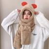 Women Girls Lovely Cartoon Bear Hat Scarf Gloves 3-in-1 Set Plush Winter Warm Hoodie Hat with Scarf Pocket Mitts view 3