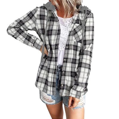 Womens Long Sleeve Plaid Hoodie Jacket Button Down Casual Boyfriend Blouse Shirts Tops Flannel Shirts with Pocket