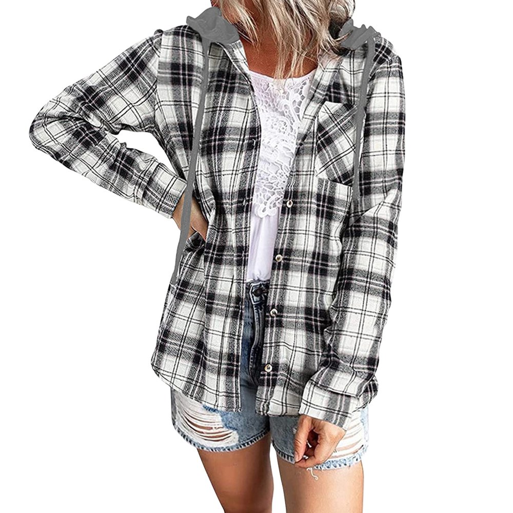 Womens Long Sleeve Plaid Hoodie Jacket Button Down Casual Boyfriend Blouse Shirts Tops Flannel Shirts with Pocket