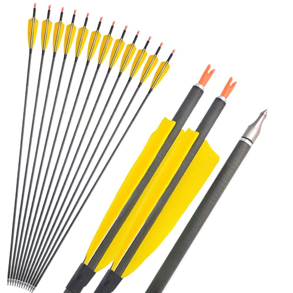 ZSHJGJR Archery Carbon Arrows 400 Spine Practice Target Hunting Arrows 33 inch for Recurve Bow Compound Bow with Removable Tips 6/12pcs (12pcs, Yellow)