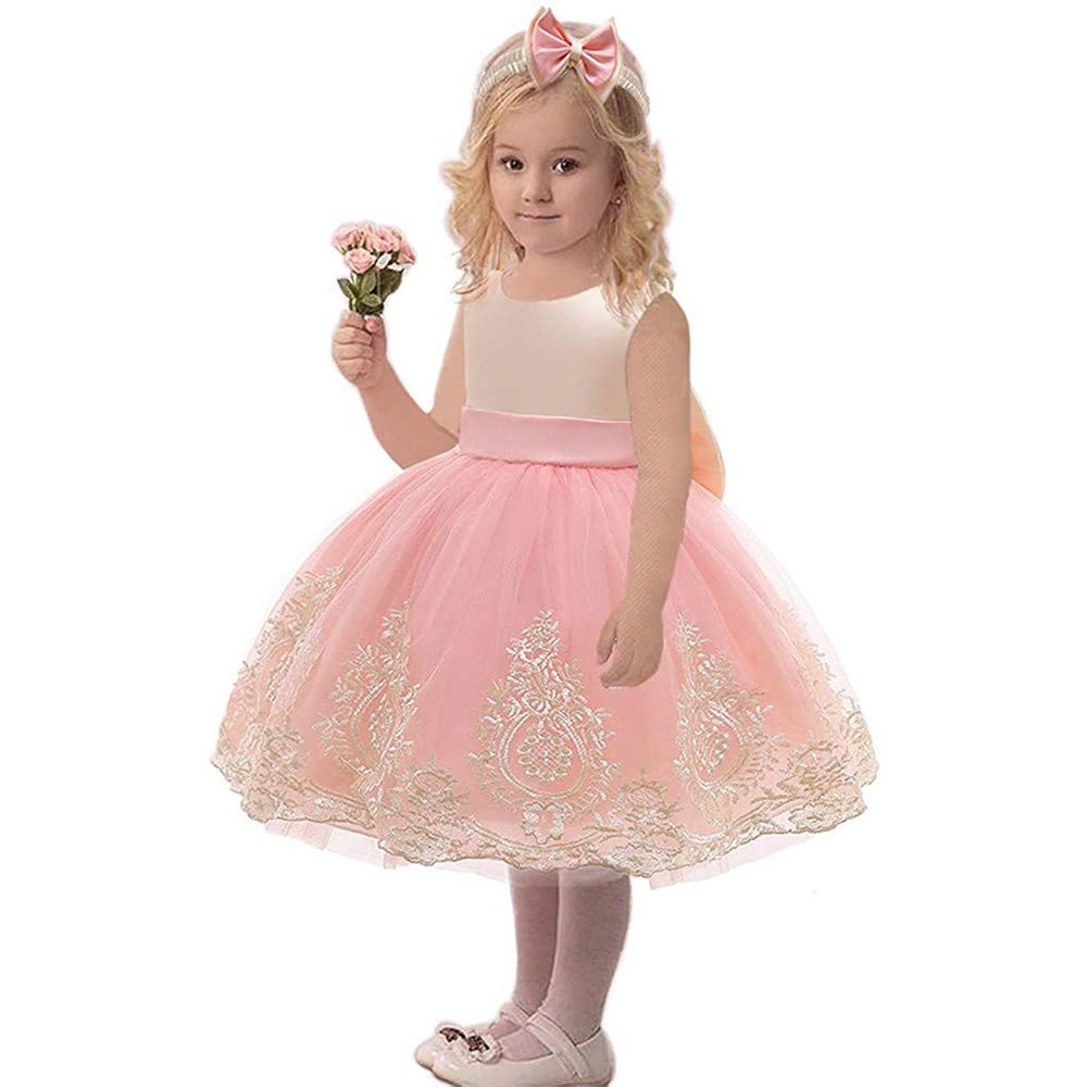 0-6Y Toddler Party Dresses Baby Girl Pageant Lace Dress Toddler Party Bowknot Tutu Gown Dress with Headwear (Pink, 6-12 Months)