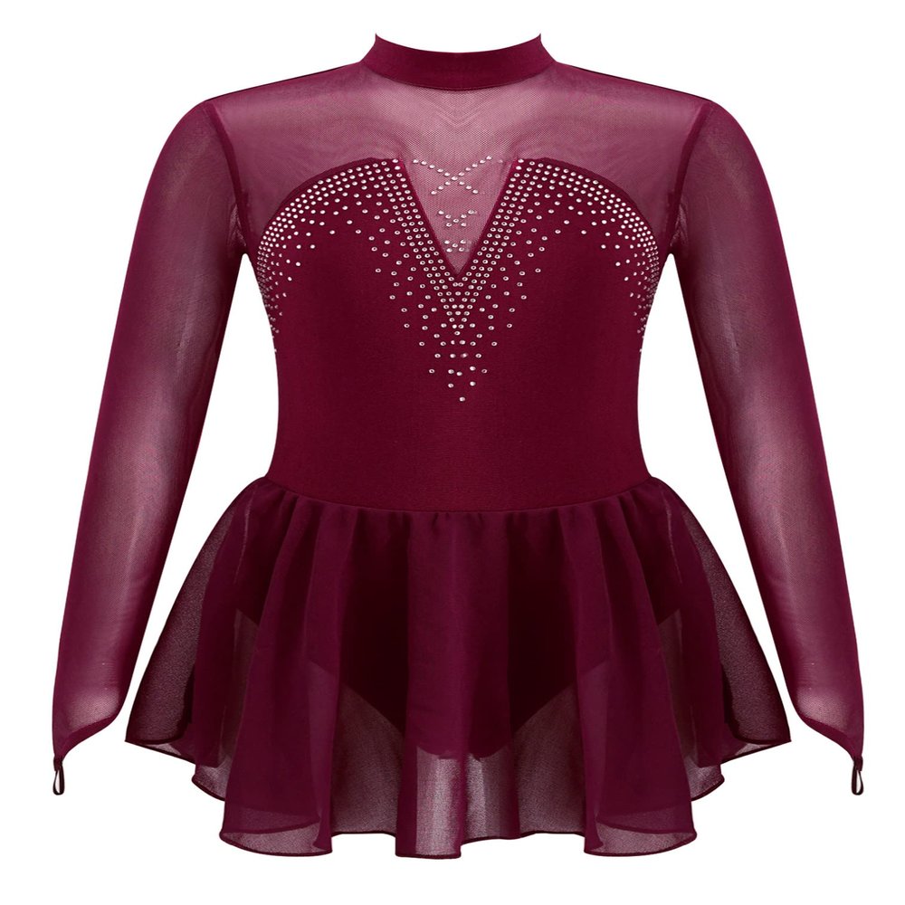 easyforever Kids Girls Metallic Snowflake Ice Figure Skating Tutu Dress Long Sleeve Gymnastic Leotard Performing Costume Burgundy 6 8 Years