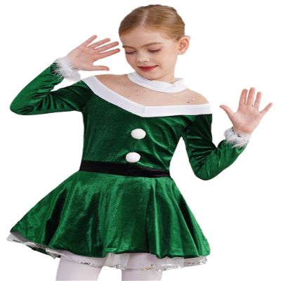 Loloda Kids Girls Mock Neck Long Sleeve Figure Ice Skating Dress Leotard Christmas Holiday Dance Costume Green 10 Years