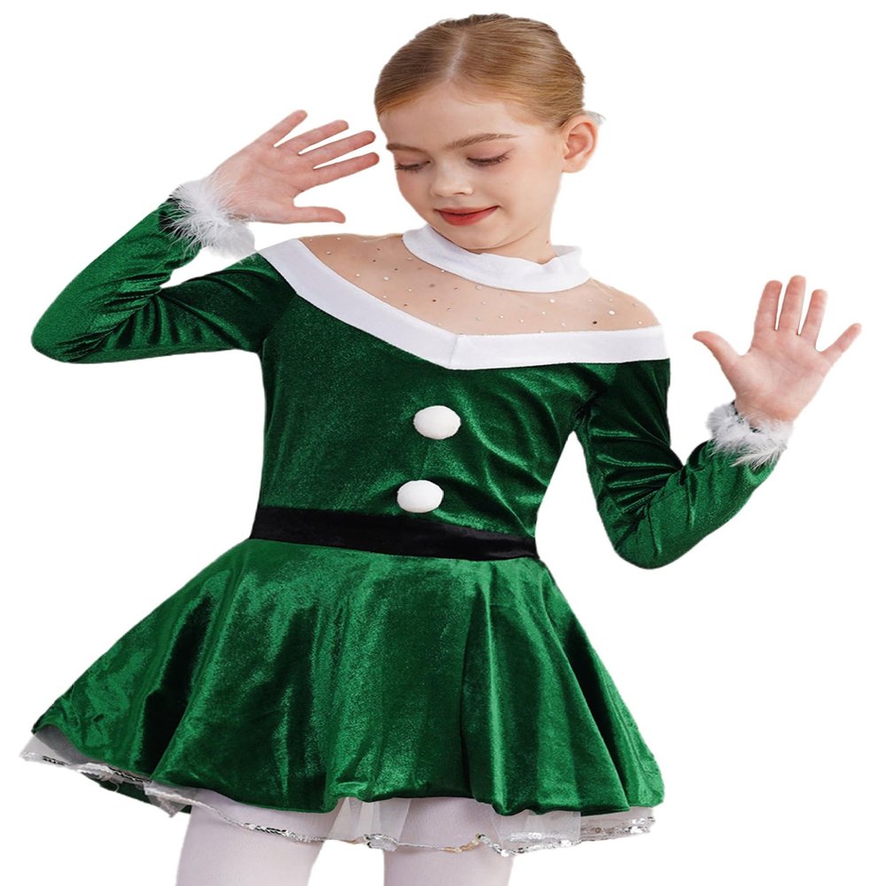 Loloda Kids Girls Mock Neck Long Sleeve Figure Ice Skating Dress Leotard Christmas Holiday Dance Costume Green 10 Years