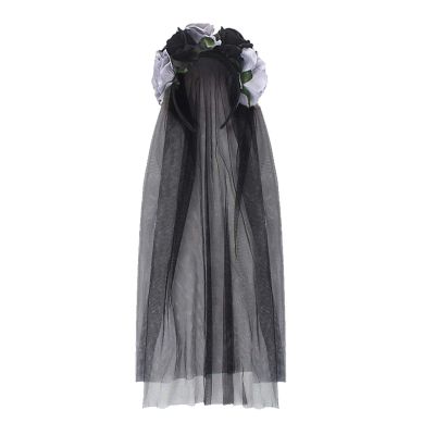 Women Halloween Costume Black Red Roses Garland Headwear Gothic Flowery Headband Corpse Bride Veil Cosplay Headpiece Wreath