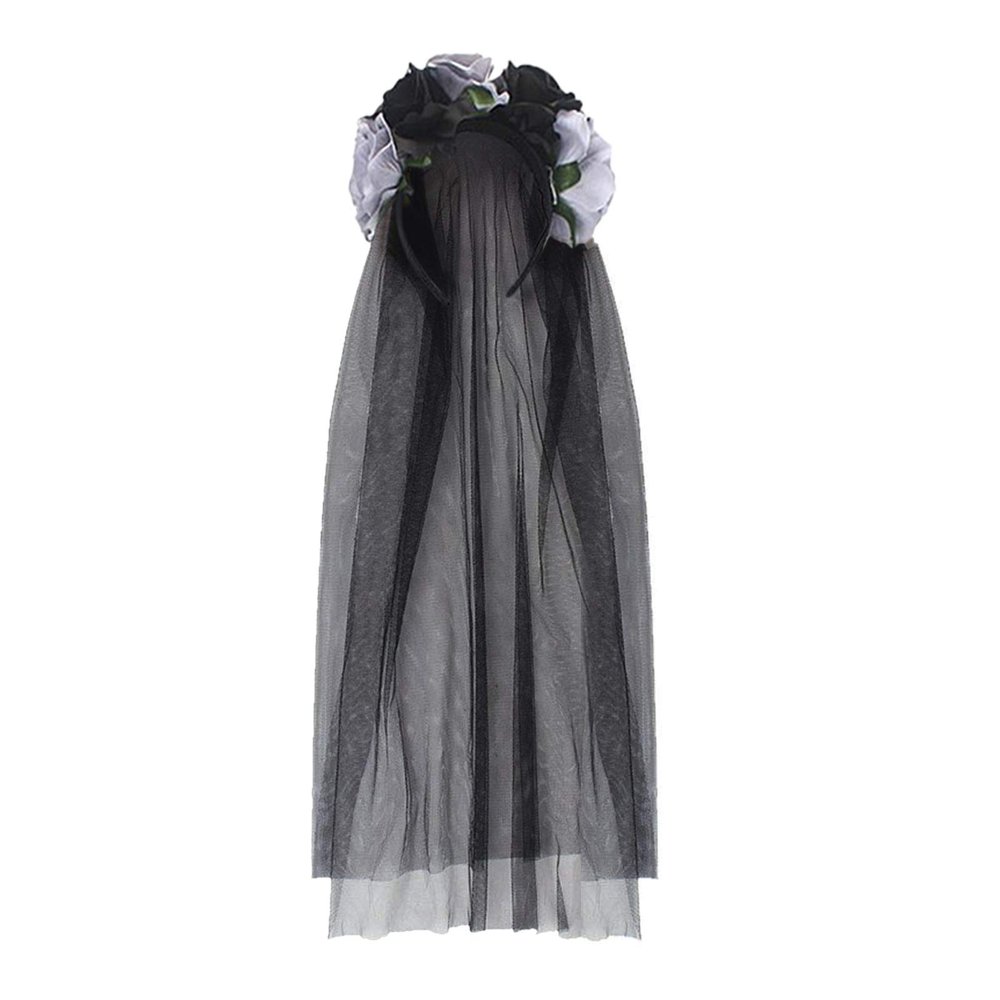 Women Halloween Costume Black Red Roses Garland Headwear Gothic Flowery Headband Corpse Bride Veil Cosplay Headpiece Wreath