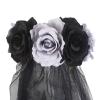 Women Halloween Costume Black Red Roses Garland Headwear Gothic Flowery Headband Corpse Bride Veil Cosplay Headpiece Wreath view 2