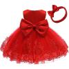 0-6Y Toddler Party Dresses Baby Girl Pageant Lace Dress Toddler Party Bowknot Tutu Gown Dress with Headwear (Red, 6-12 Months) view 3
