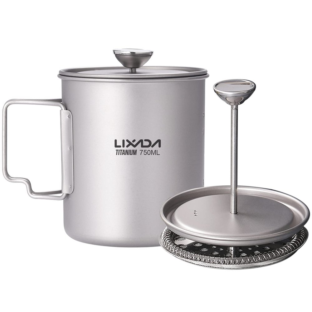 LIXADA Titanium French Press Coffee Maker, 750ml, Corrosion Resistant, Foldable Handle, Outdoor Camping Cooking Pot